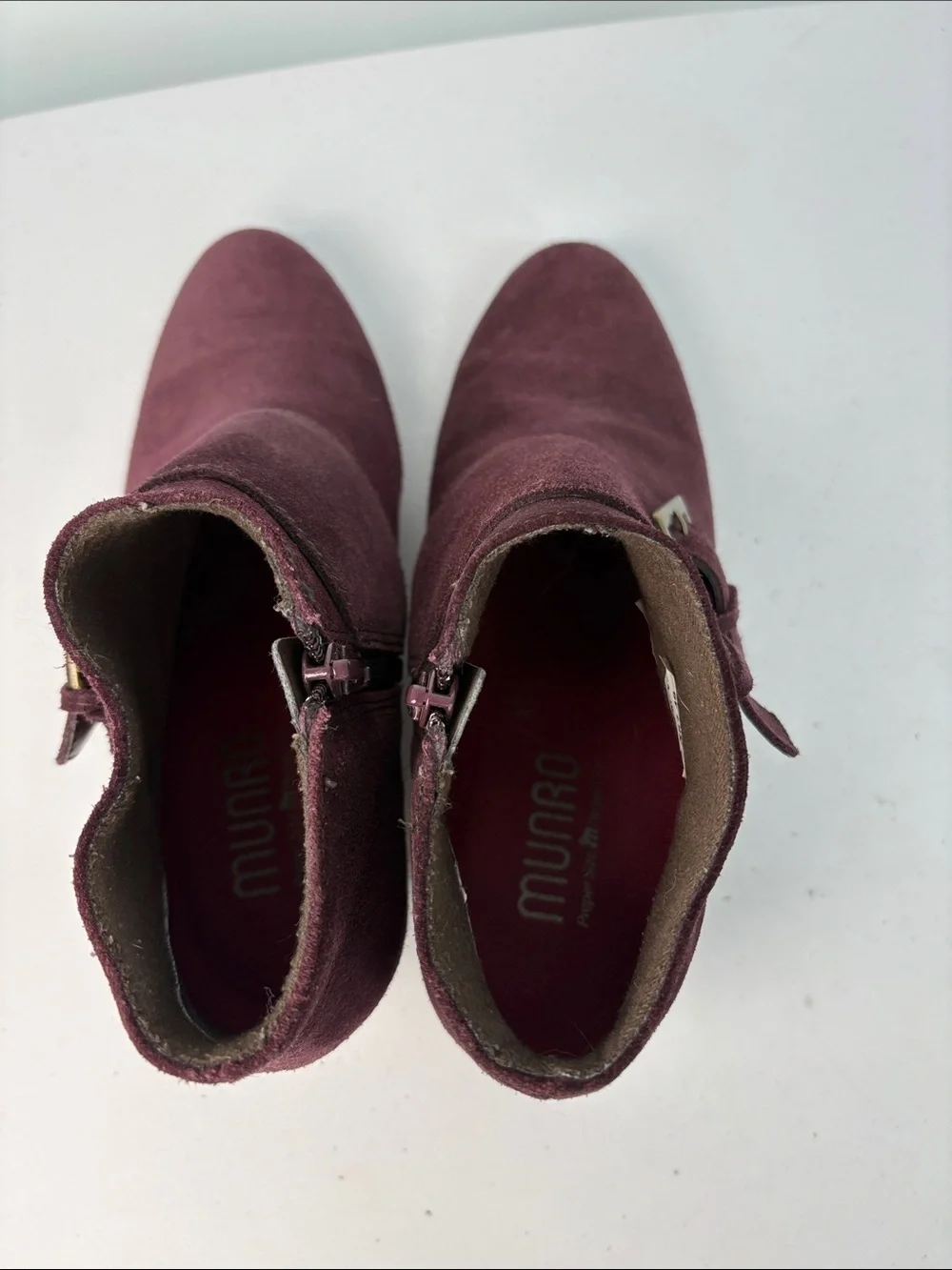 🐾 Munro Burgundy Suede Wedge Ankle Booties with Double Buckles. Style Drew.